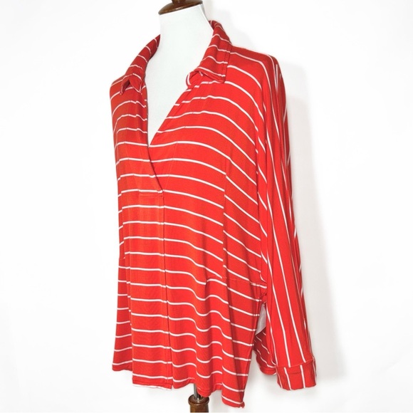Free People Orange Stripe Dolman Sleeve Surplice V Neck Knit Relaxed Tunic Top L - Picture 4 of 12